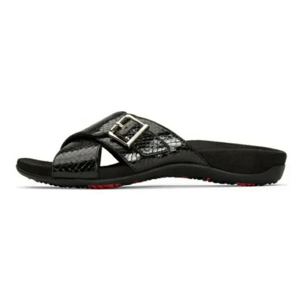 Vionic Orthaheel Dorie Black Faux Leather Snake Embossed Slip On Sandals Size 11